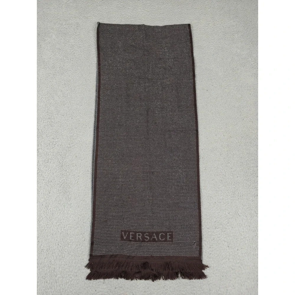 Versace Scarf Womens One Size Brown Check Medusa Logo Fringe‎ Winter Fall Warm